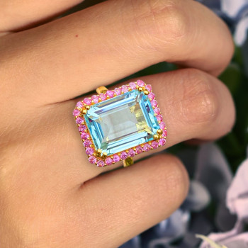 8.4ct Emerald Cut Aquamarine Pink Halo Cocktail Ring