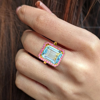 8.4ct Emerald Cut Aquamarine Pink Halo Cocktail Ring