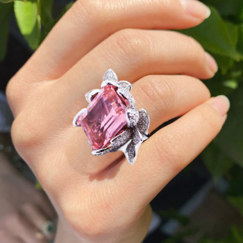 8ct Emerald Cut Pink Sapphire Flower Cocktail Ring