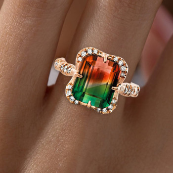 6ct Emerald Cut Bicolor Tourmaline Engagement Ring