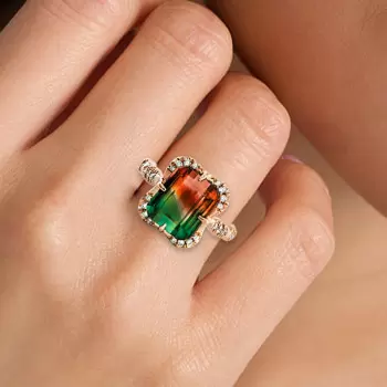 6ct Emerald Cut Bicolor Tourmaline Engagement Ring