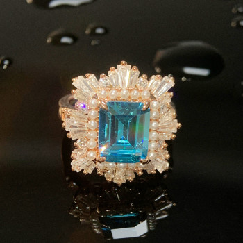 3.8ct Emerald Cut Aquamarine Vintage Halo Ring
