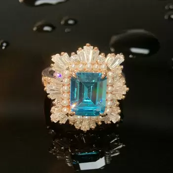 3.8ct Emerald Cut Aquamarine Vintage Halo Ring