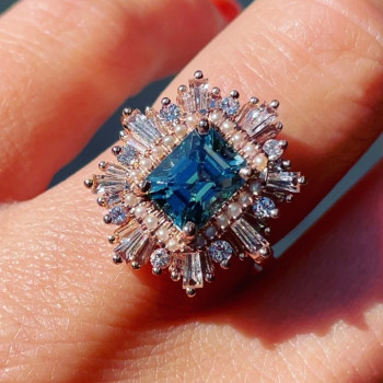 3.8ct Emerald Cut Aquamarine Vintage Halo Ring