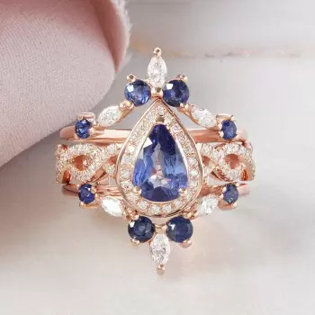 Pear Cut Tanzanite Blue Sapphire Wedding Ring Set
