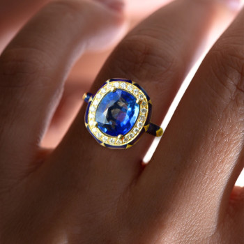 4ct Cushion Cut Sapphire Enamel Art-Deco Engagement Ring