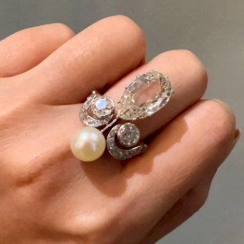 5.7ct Pear Cut White Sapphire Pearl Cocktail Ring