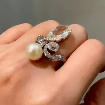 5.7ct Pear Cut White Sapphire Pearl Cocktail Ring