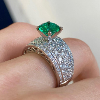 2ct Round Cut Emerald Paved Engagement Ring