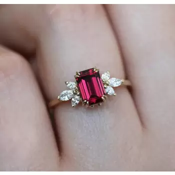 2.5ct Emerald Cut Ruby Cluster Engagement Ring