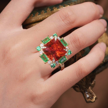 9.5ct Princess Cut Orange Red Sapphire Cocktail Ring