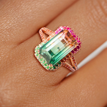 6.2ct Emerald Cut Bicolor Tourmaline Engagement Ring