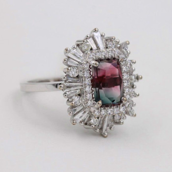 3.7ct Vintage Emerald Cut Watermelon Tourmaline Engagement Ring