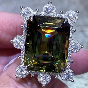14ct Emerald Cut Yellow-Green Tourmaline Cocktail Ring