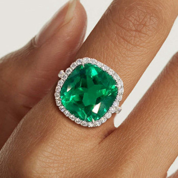 9.5ct Halo Cushion Cut Emerald Engagement Ring