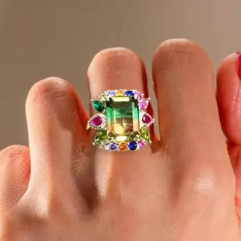8.4ct Emerald Cut Bicolor Tourmaline Cocktail Ring