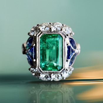 5.3ct Emerald Cut Emerald Halo Vintage Engagement Ring