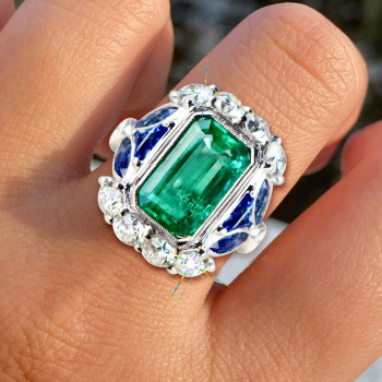 5.3ct Emerald Cut Emerald Halo Vintage Engagement Ring