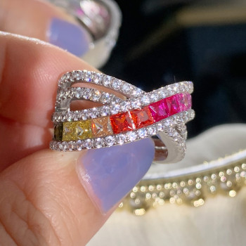 Pincess Cut Multicolor Sapphire Rainbow Cocktail Ring