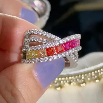 Pincess Cut Multicolor Sapphire Rainbow Cocktail Ring