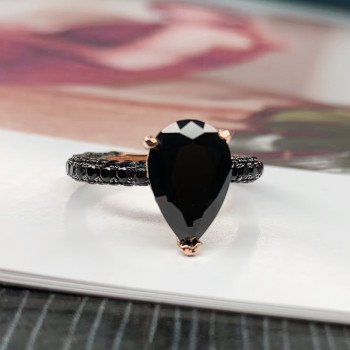3ct Pear Cut Black Sapphire Three Sided Band Engagement Ring