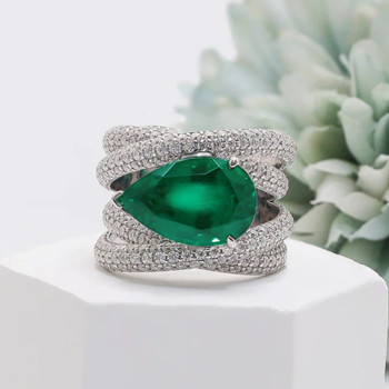 5.7ct East-West Pear Cut Emerald Paved Cocktail Ring