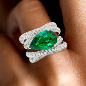 5.7ct East-West Pear Cut Emerald Paved Cocktail Ring