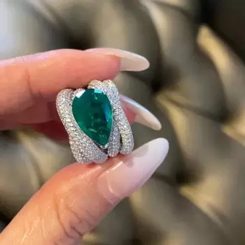 5.7ct East-West Pear Cut Emerald Paved Cocktail Ring