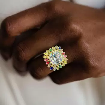 9.5ct Asscher Cut Halo Rainbow Sapphire Firework Cocktail Ring