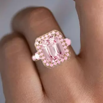 6ct Emerald Cut Peach Pink Sapphire Halo Engagement Ring