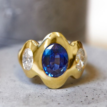 Oval Cut Tanzanite Blue Sapphire Fluid Edge Cocktail Ring