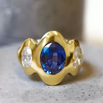 Oval Cut Tanzanite Blue Sapphire Fluid Edge Cocktail Ring