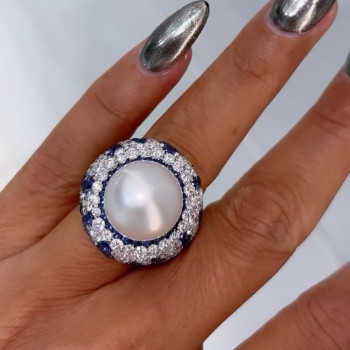 Pearl and Blue Sapphire Paved Bold Cocktail Ring