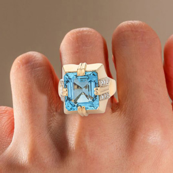 11ct Emerald Cut Aquamarine Art-Deco Bold Cocktail Ring