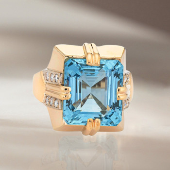 11ct Emerald Cut Aquamarine Art-Deco Bold Cocktail Ring