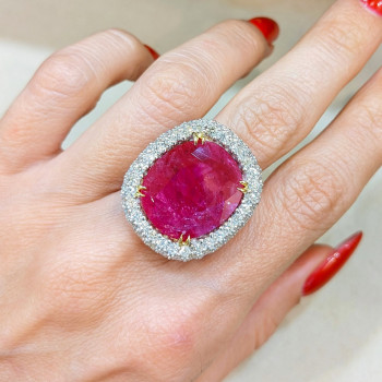 8.2ct Cushion Cut Ruby Paved Halo Cocktail Ring
