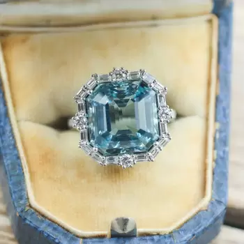 10ct Asscher Cut Aquamarine Vintage Halo Cocktail Ring