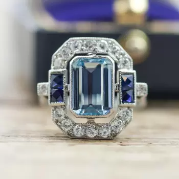 4ct Emerald Cut Aquamarine Art-deco Cocktail Ring