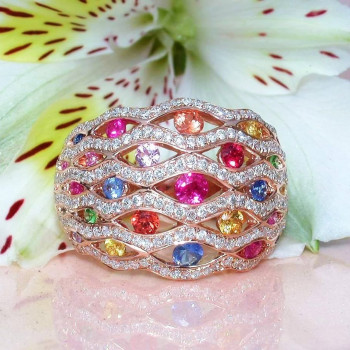 Round Cut Multicolor Sapphire Rainbow Cocktail Ring
