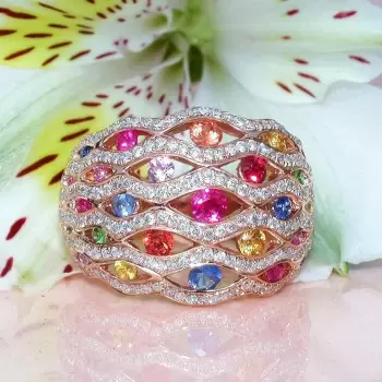 Round Cut Multicolor Sapphire Rainbow Cocktail Ring