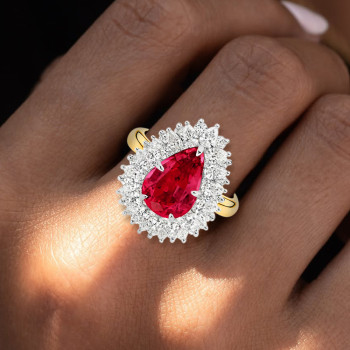 3ct Pear Cut Ruby European Shank Vintage Halo Cocktail Ring