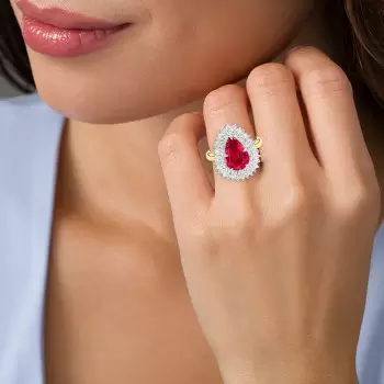 3ct Pear Cut Ruby European Shank Vintage Halo Cocktail Ring