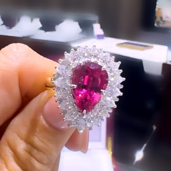 3ct Pear Cut Ruby European Shank Vintage Halo Cocktail Ring