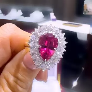 3ct Pear Cut Ruby European Shank Vintage Halo Cocktail Ring
