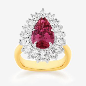 3ct Pear Cut Ruby European Shank Vintage Halo Cocktail Ring