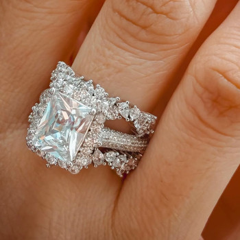 4ct Radiant Cut Three-Pieces Vintage Lace Wedding Ring Set