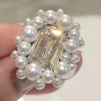 5.3ct Emerald Cut White Sapphire Pearl Halo Cocktail Ring