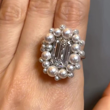 5.3ct Emerald Cut White Sapphire Pearl Halo Cocktail Ring