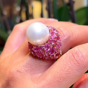 15MM Pearl and Fuchsia Pink Sapphire Bold Cocktail Ring