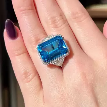 14ct Emerald Cut Blue Topaz Halo Cocktail Ring